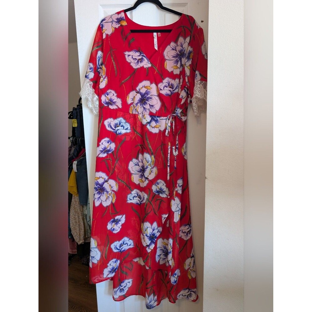 NY Collection Red Floral Boho V-Neck Wrap Dress with White Lace Sleeves Size 2X